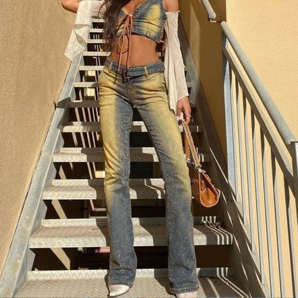 Jaded London Blue Yellow Wash Lace up jeans - Picture 2 of 8